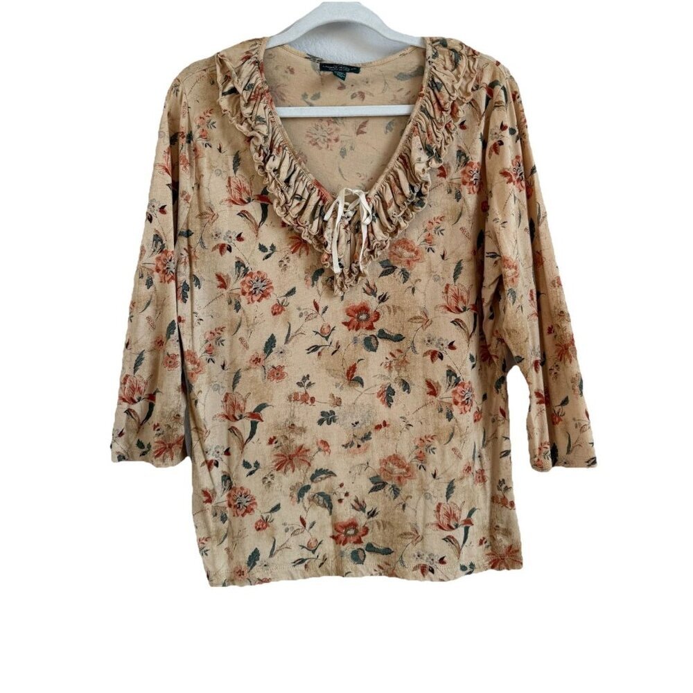 Lauren‎ Ralph Lauren Vintage Cotton Ruffle Tie Top Cottagecore Floral Size XL